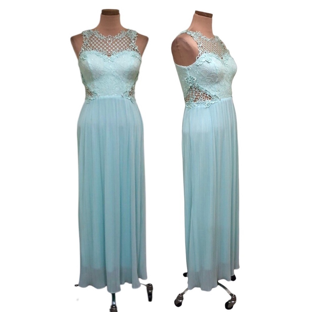 City Triangles Formal Maxi Dress Size 7 Pastel Aqua Blue Floral Lace Rhinestones